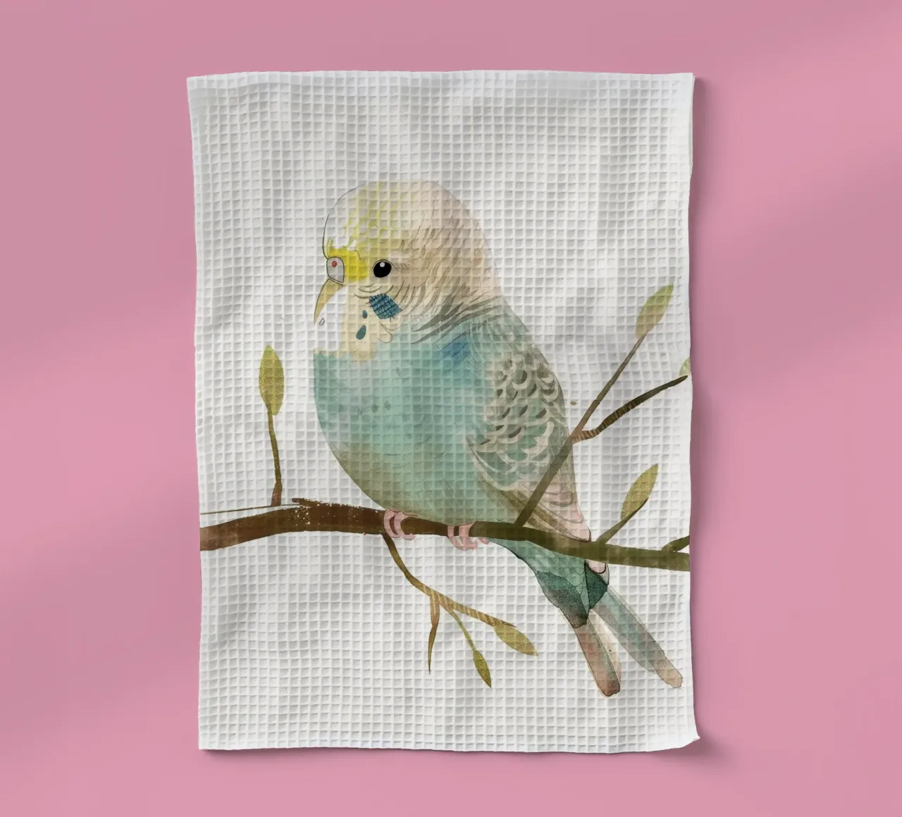 Budgerigar on Branch with Spring Buds tea towel by DesignDoodle