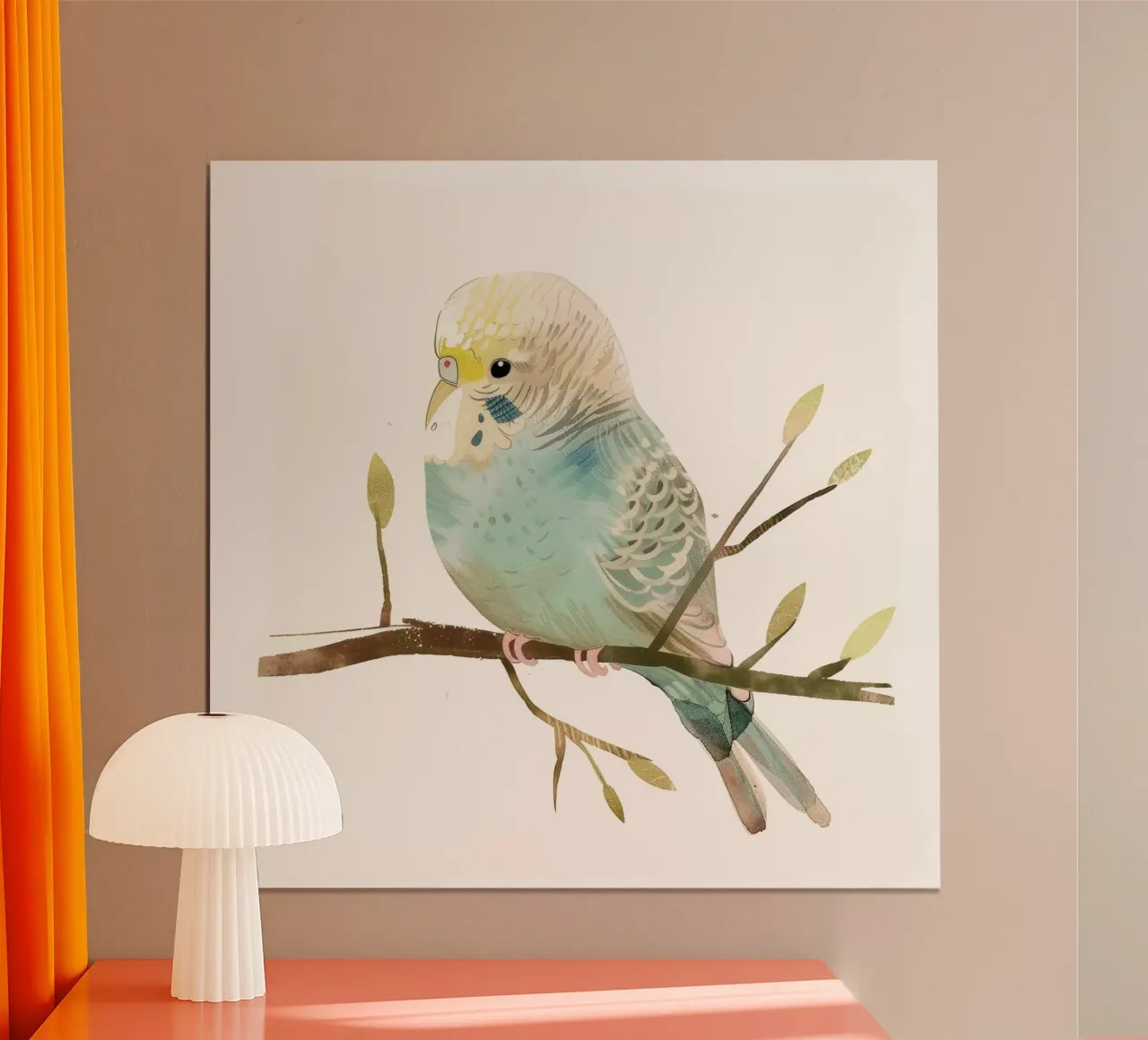 Budgerigar on Branch with Spring Buds hahnemühle by DesignDoodle