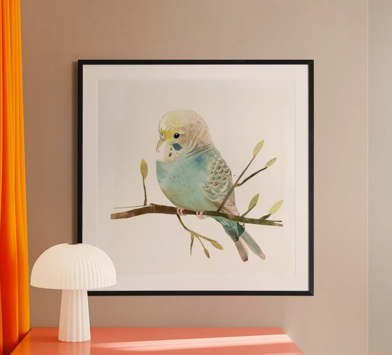 Budgerigar on Branch with Spring Buds hahnemühle by DesignDoodle