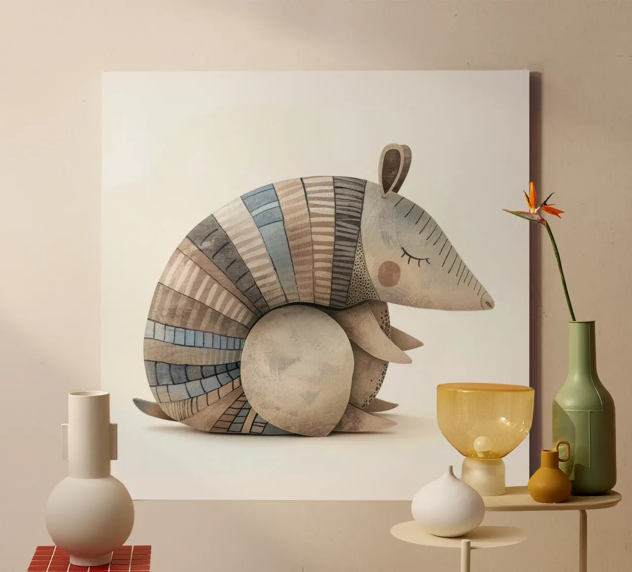 Ceramic Armadillo Figurine with Segmented Shell Pattern canvas by DesignDoodle