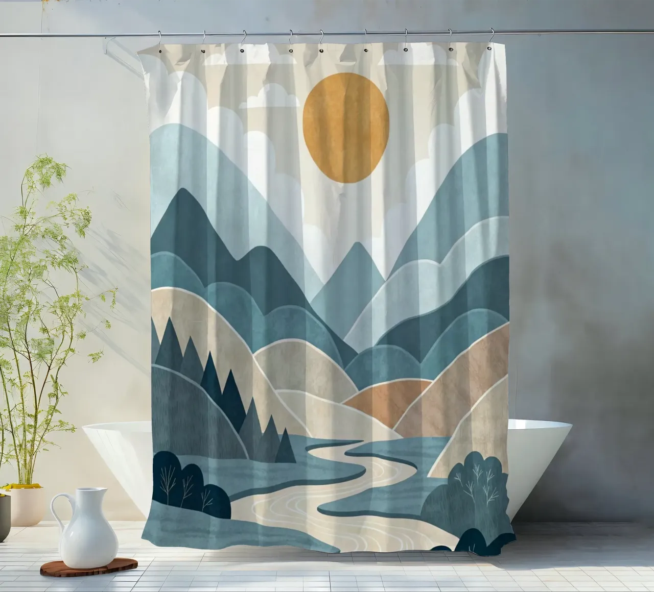 Serene Mountain River Sunset shower curtain by Artistic-shop