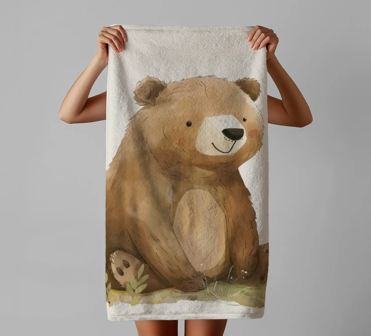 Illustration of Brown Bear Cub sitting in Grass towel by DesignDoodle