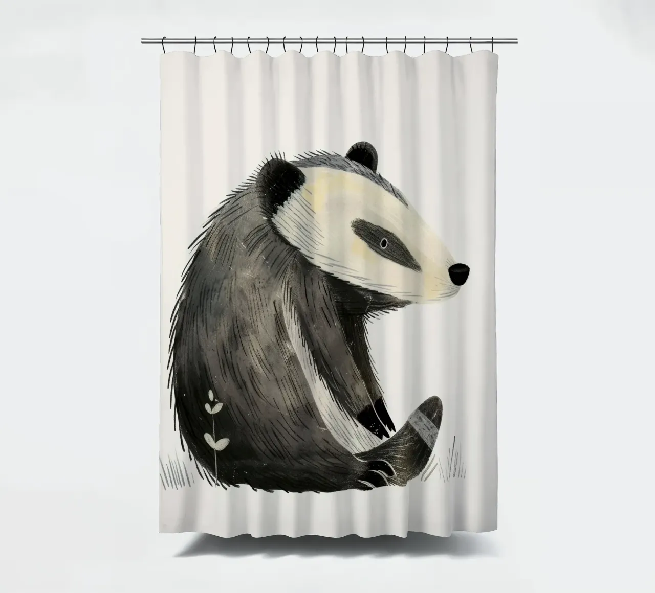 Illustrazione di un tasso seduto con erba e fiori tenda da doccia da DesignDoodle