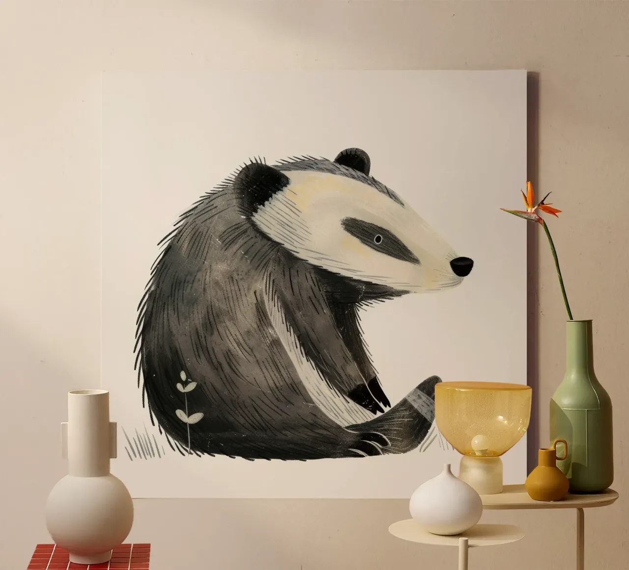 Illustration of a Badger sitting with grass and flower canvas by DesignDoodle