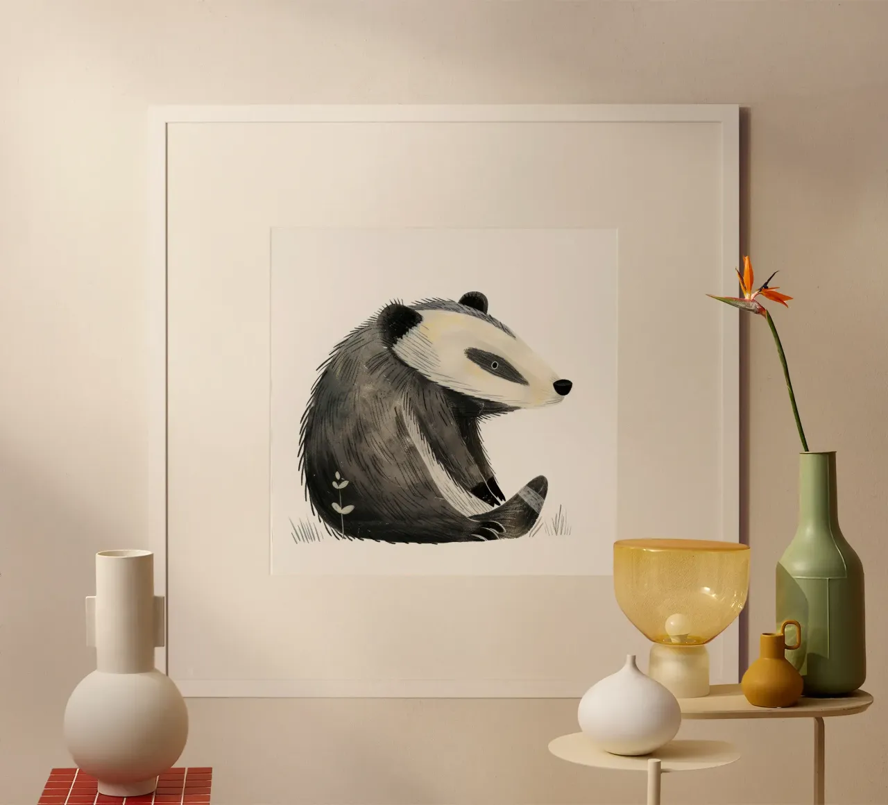 Illustrazione di un tasso seduto con erba e fiori carta hahnemühle da DesignDoodle