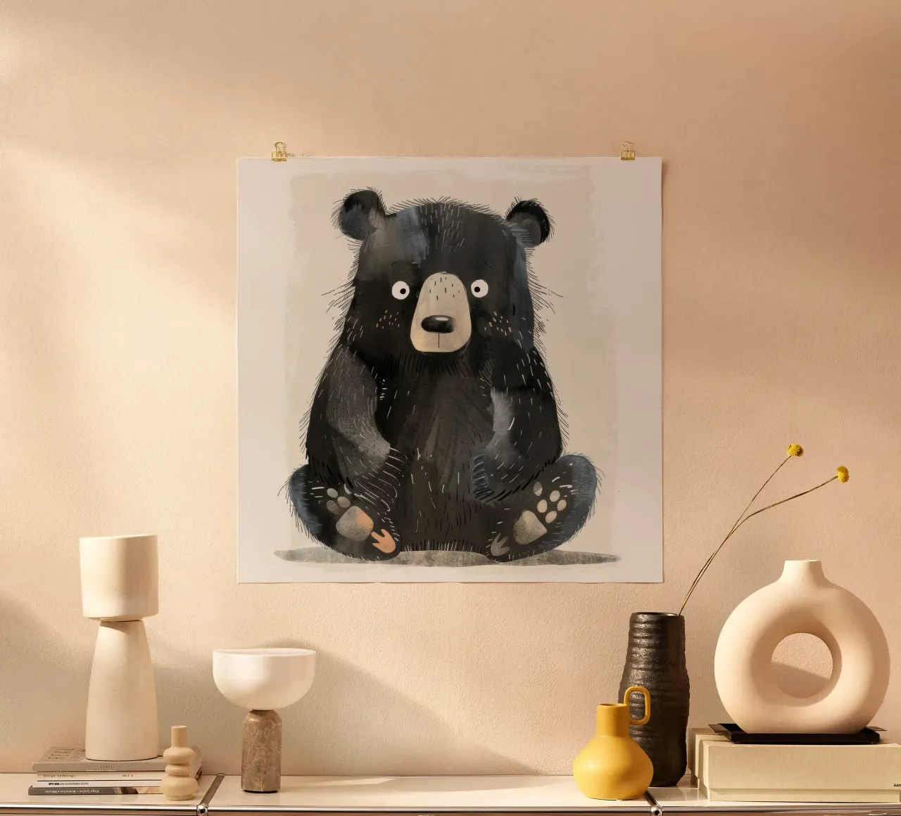 Illustrazione di un cucciolo di orso nero seduto poster con telaio in legno da DesignDoodle