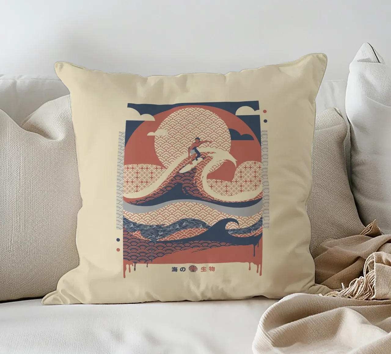 Surfer dans les vagues Vue minimale de la plage coussin de Tobe Fonseca