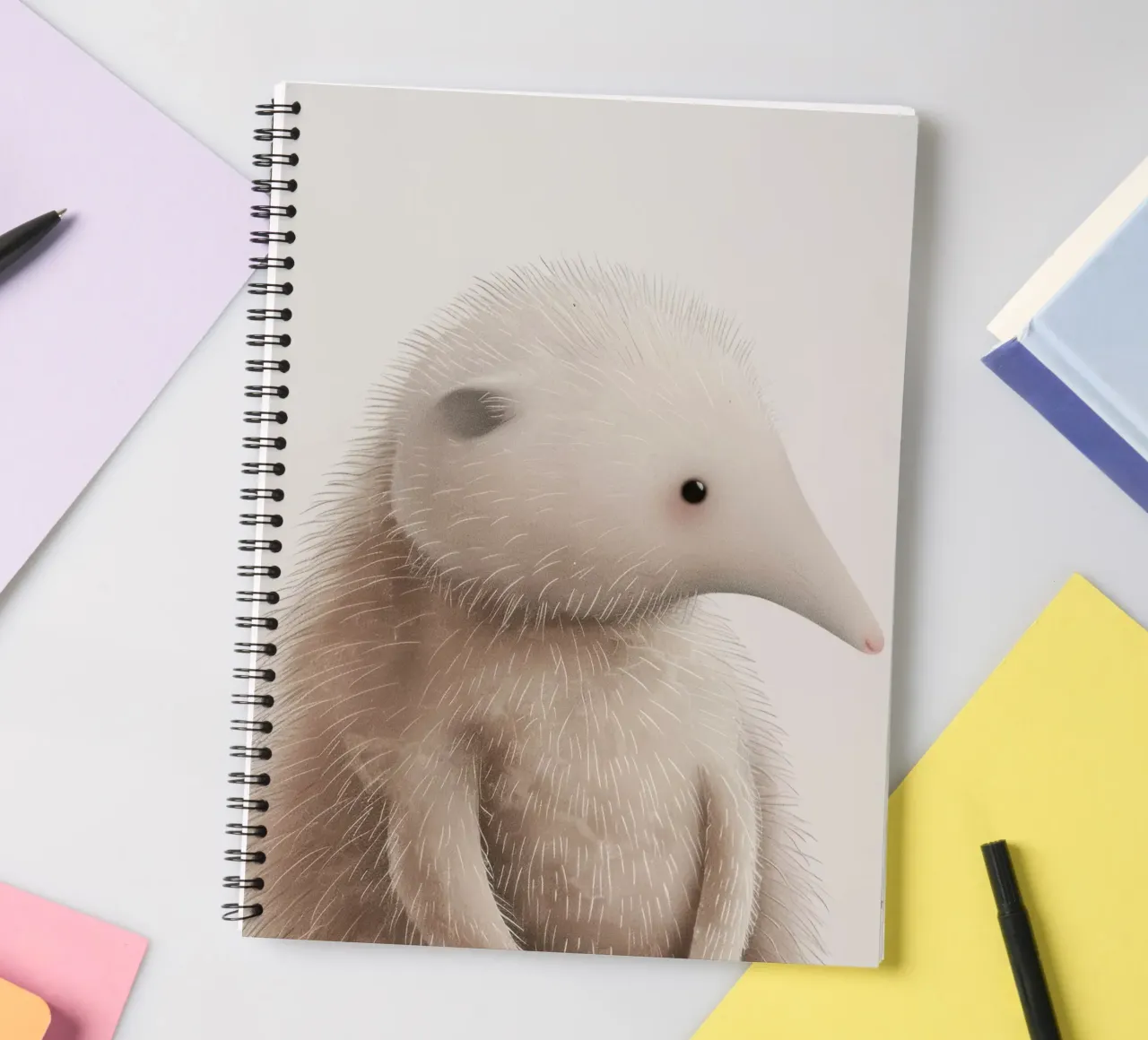 Illustration of a Furry hedgehog with a Proboscis spiral notebook by DesignDoodle