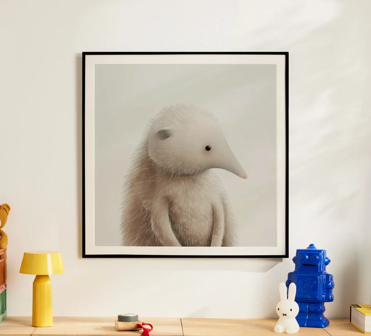Illustration d'un hérisson à fourrure avec une trompe poster avec cadre en aluminium de DesignDoodle