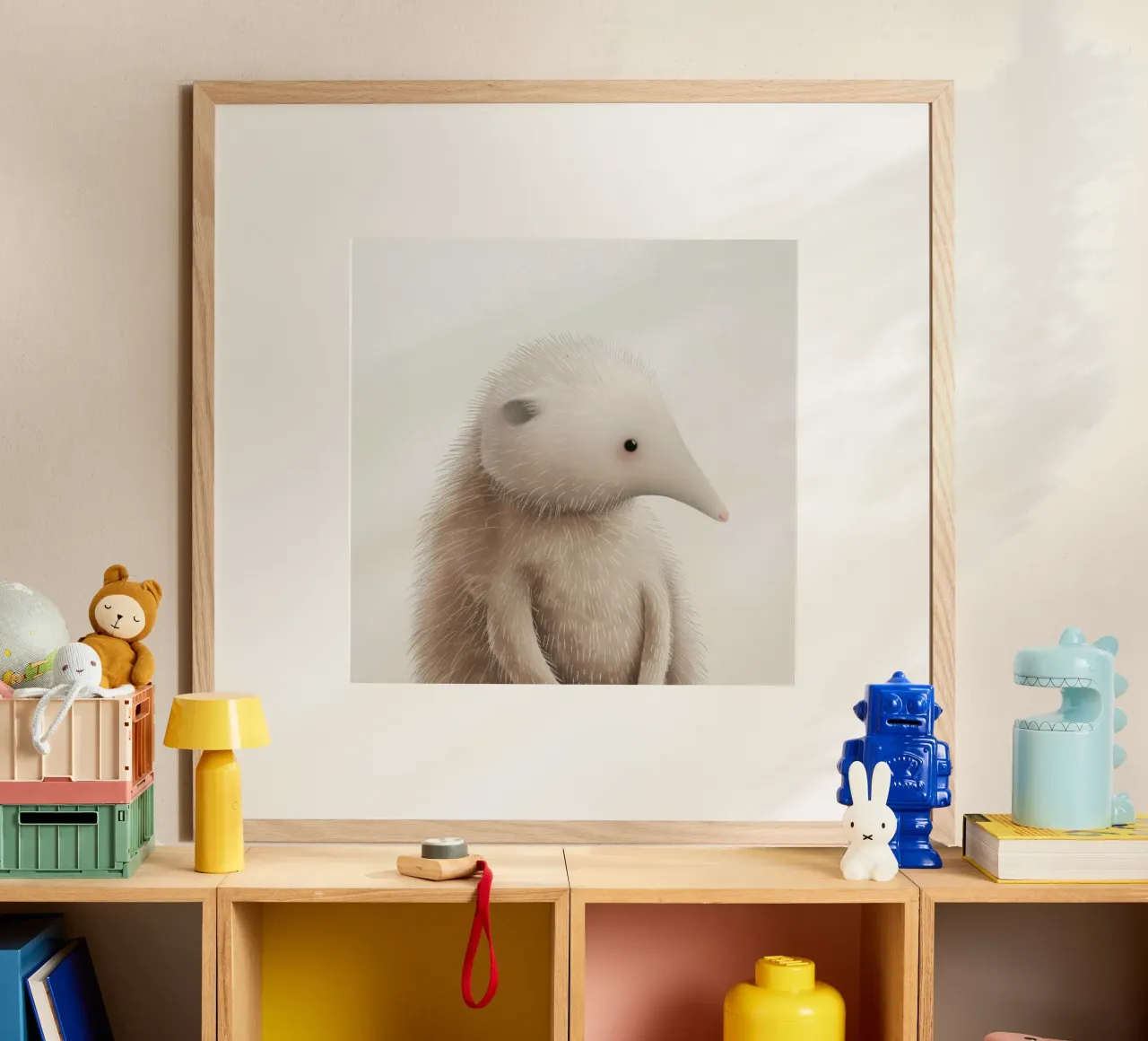Illustration d'un hérisson à fourrure avec une trompe poster avec cadre en aluminium de DesignDoodle