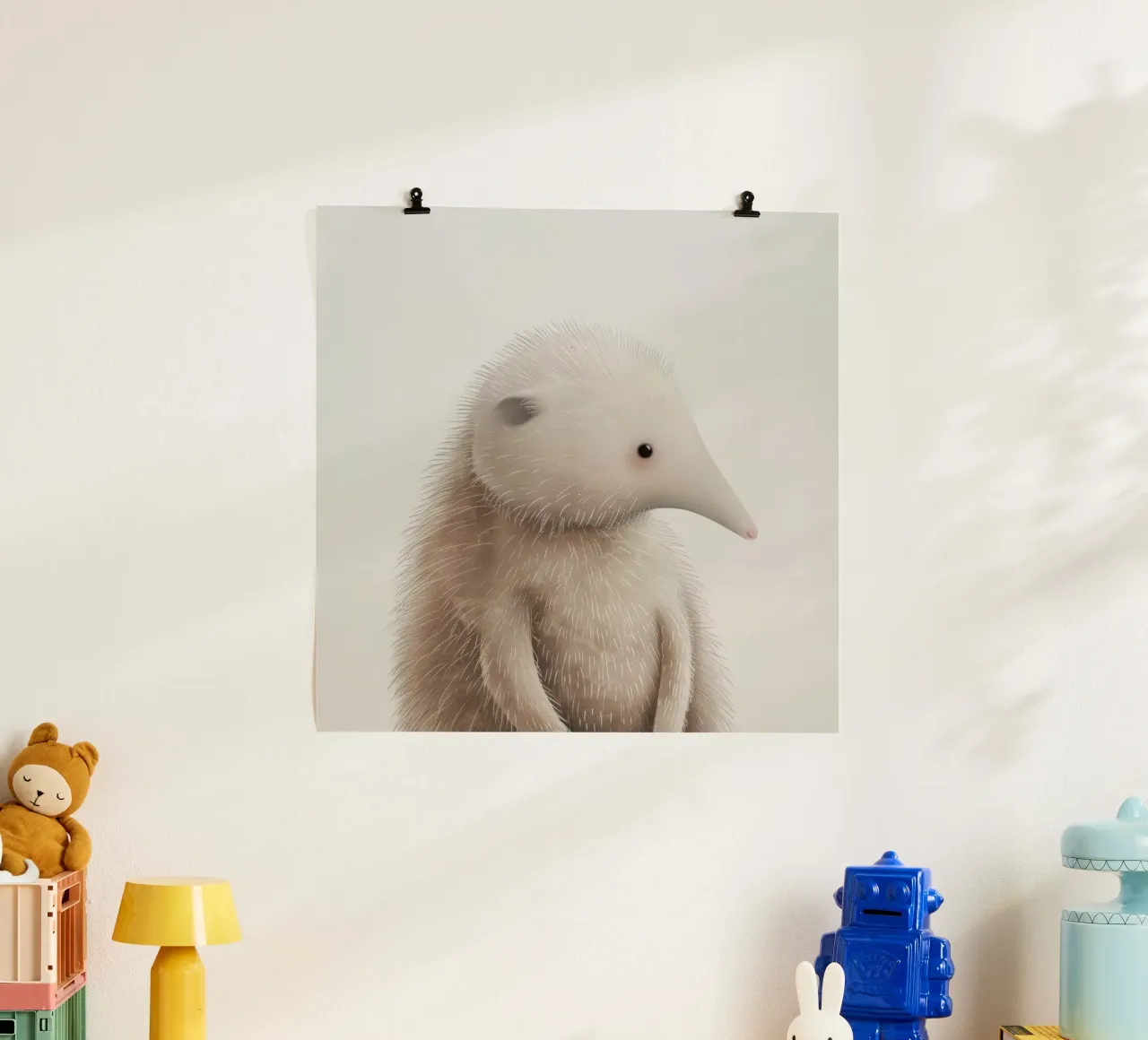 Illustration d'un hérisson à fourrure avec une trompe poster avec cadre en aluminium de DesignDoodle