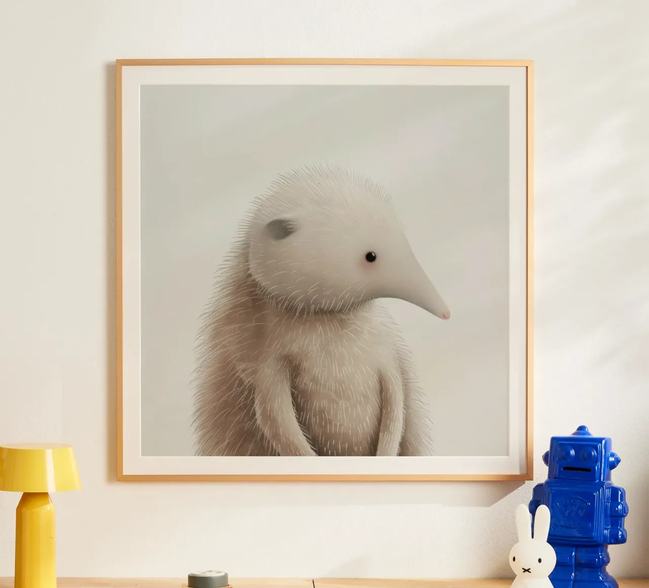 Illustration d'un hérisson à fourrure avec une trompe poster avec cadre en aluminium de DesignDoodle