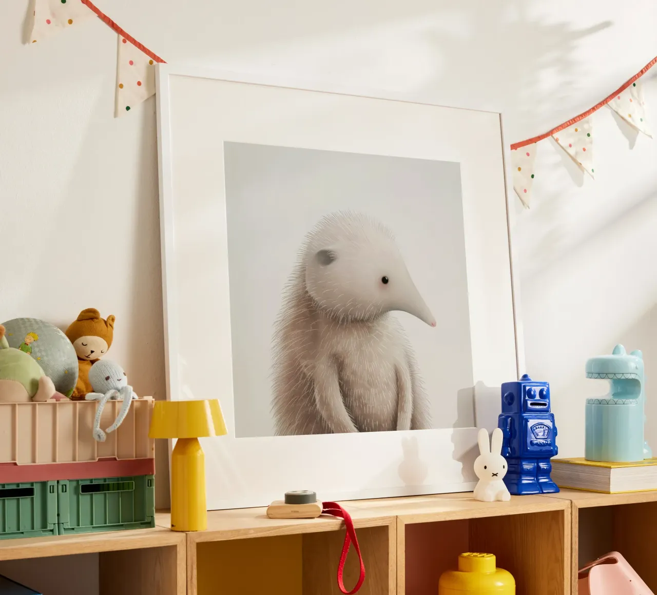 Illustration d'un hérisson à fourrure avec une trompe poster avec cadre en aluminium de DesignDoodle