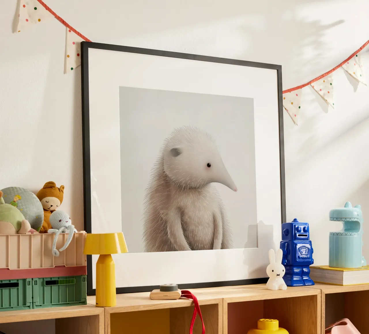 Illustration d'un hérisson à fourrure avec une trompe poster avec cadre en aluminium de DesignDoodle