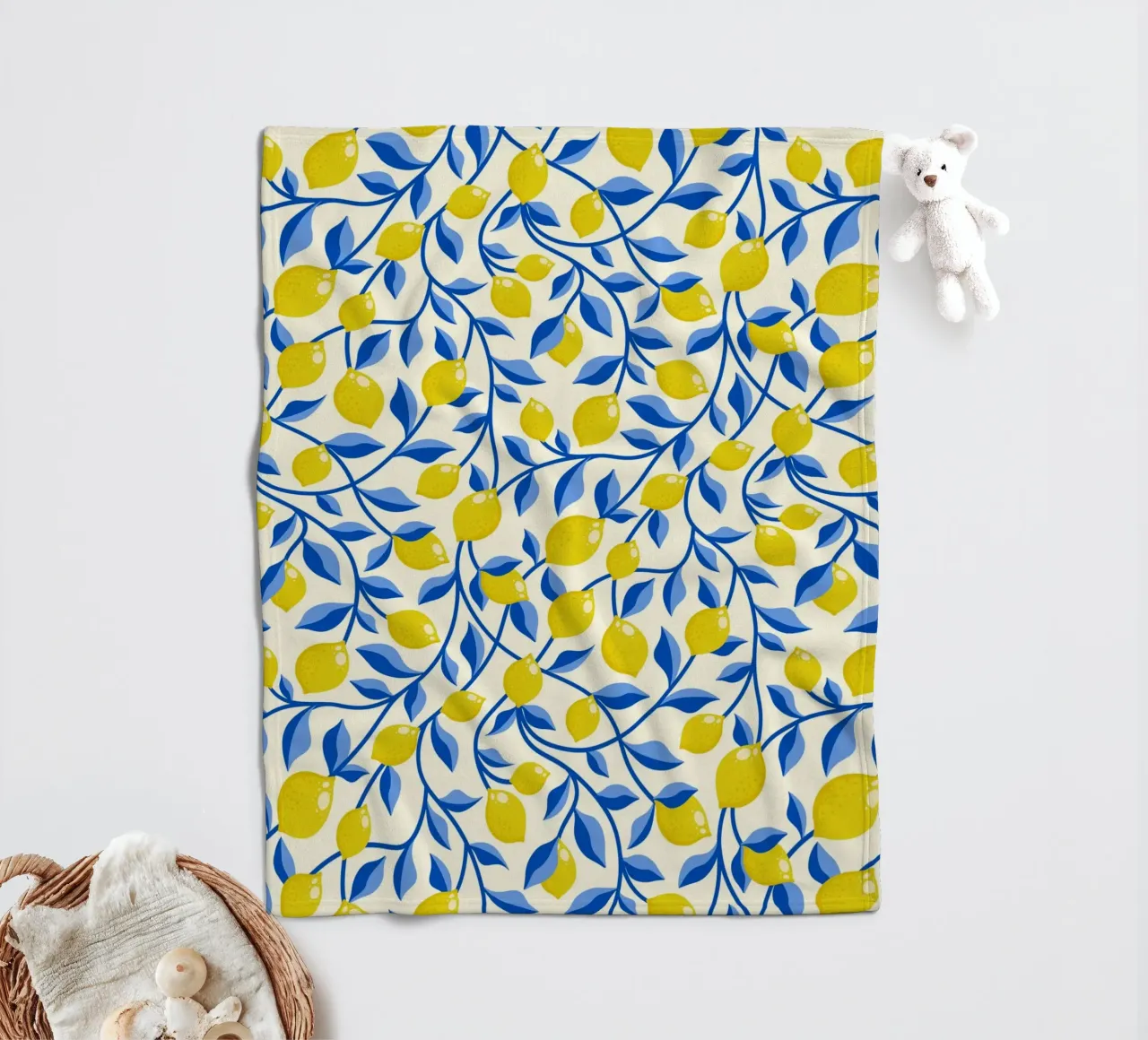 Limoni gialli e foglie blu su crema coperta in pile da CoelfenArt