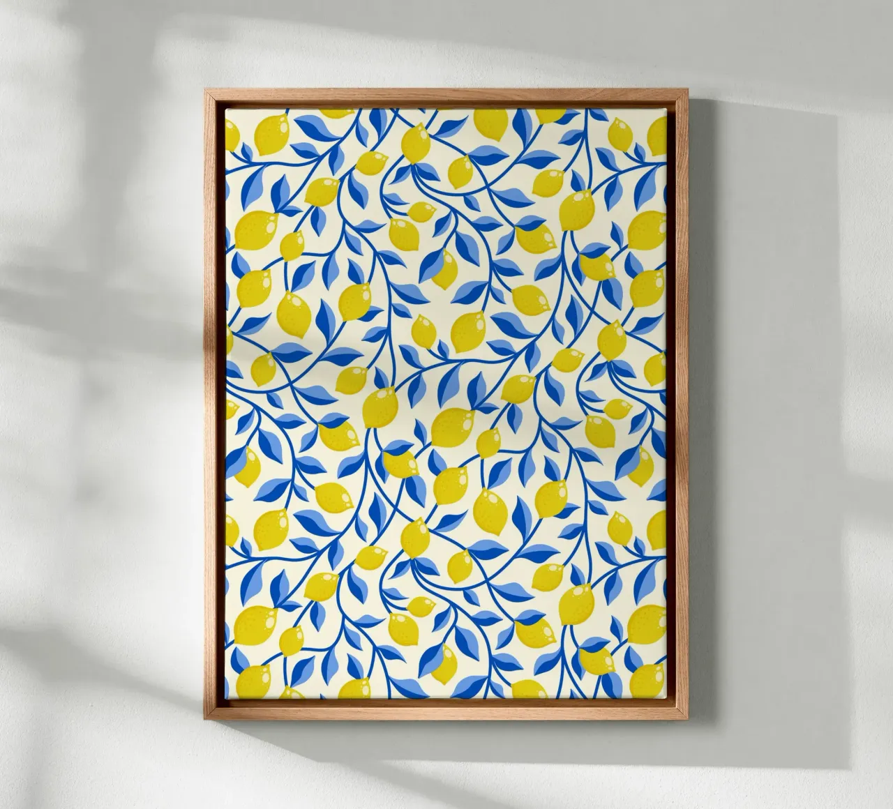 Yellow Lemons and Blue Leaves on Cream canvas by CoelfenArt