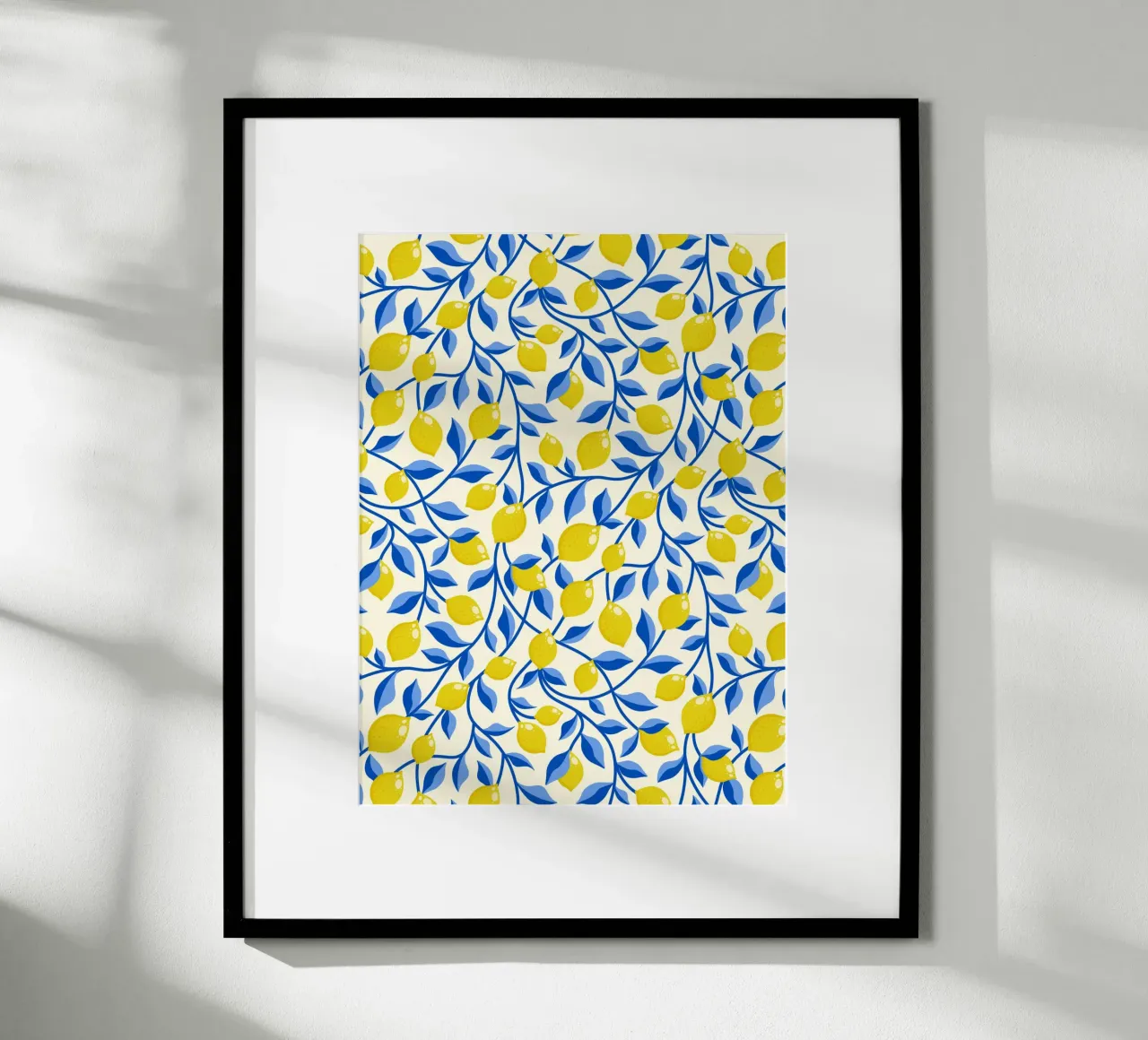 Limoni gialli e foglie blu su crema poster da CoelfenArt