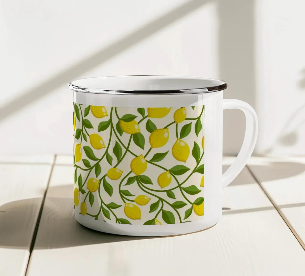 Limoni gialli e foglie verdi su crema tazza in smalto da CoelfenArt