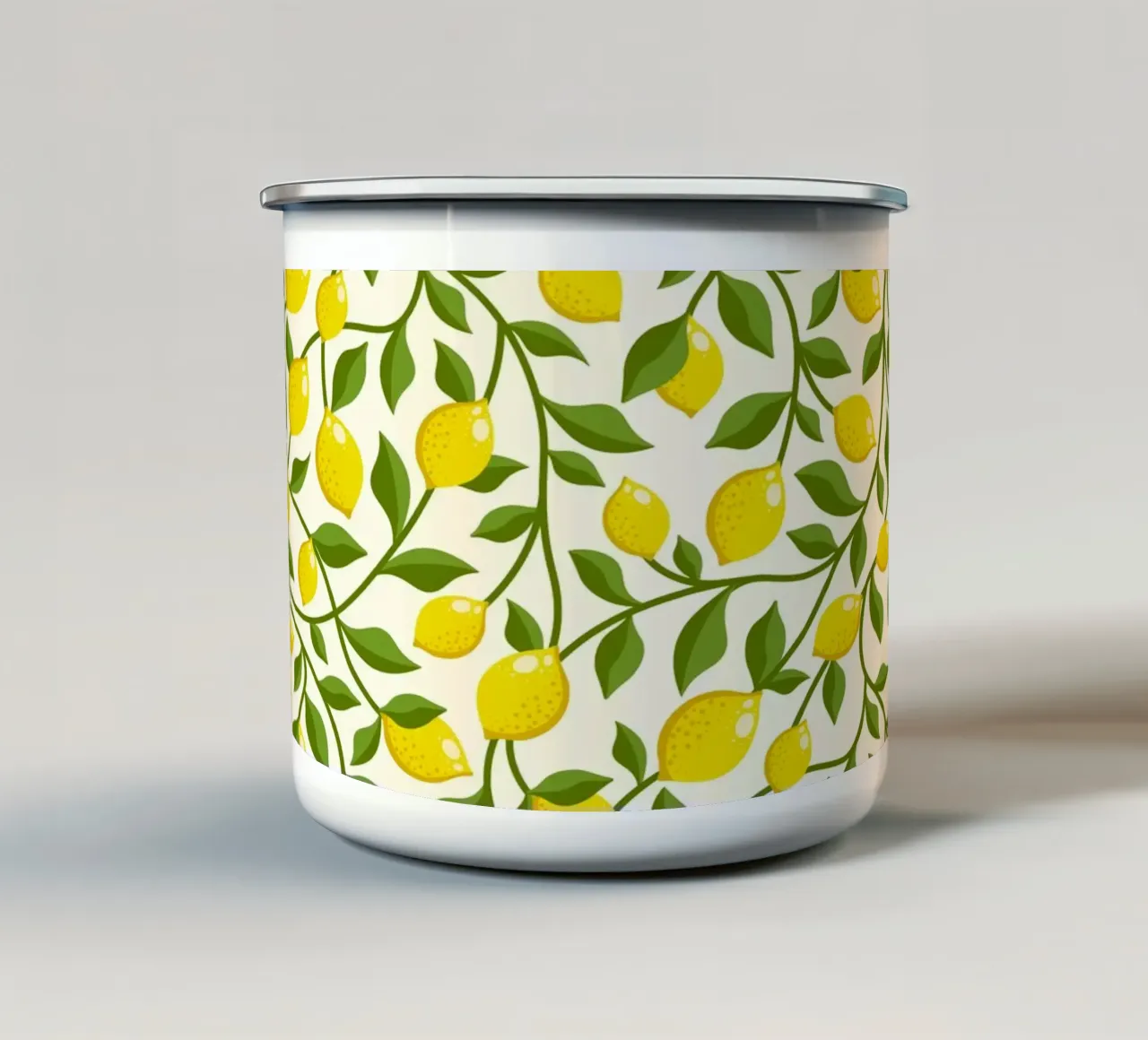 Yellow Lemons and Green trailing Leaves on Cream enamel mug by CoelfenArt