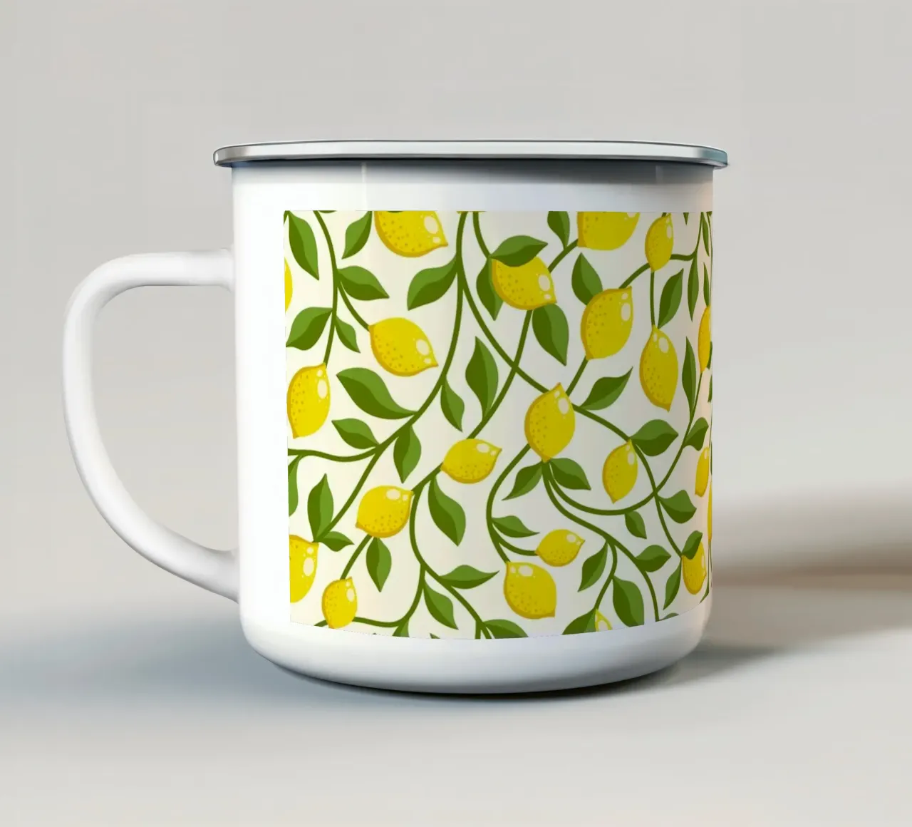 Yellow Lemons and Green trailing Leaves on Cream enamel mug by CoelfenArt