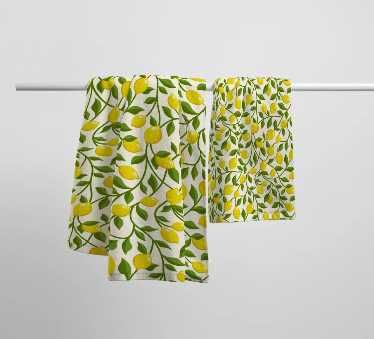 Yellow Lemons and Green trailing Leaves on Cream towel by CoelfenArt