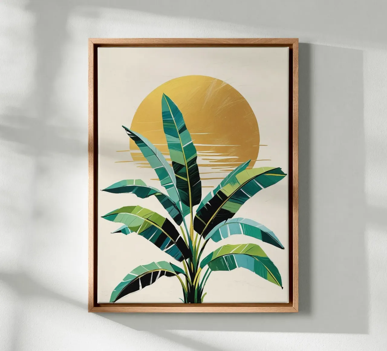 Gouden Zon & Bananenbladeren Tropische Kunstdruk canvas met Baklijst van Artistic-shop