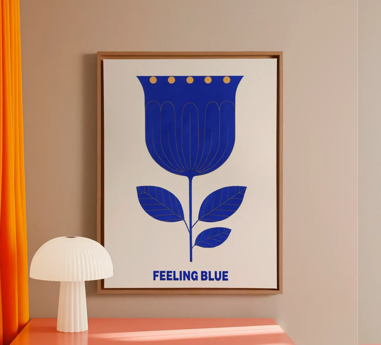 "Feeling Blue" gestileerde koningsblauwe tulp kunstdruk canvas met Baklijst van inspirational quote