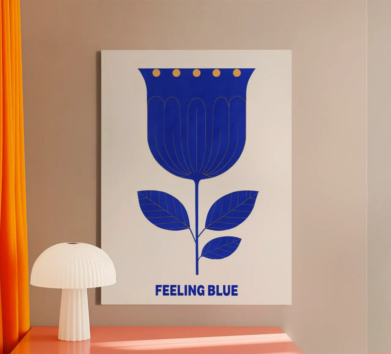 "Feeling Blue" gestileerde koningsblauwe tulp kunstdruk canvas met Baklijst van inspirational quote