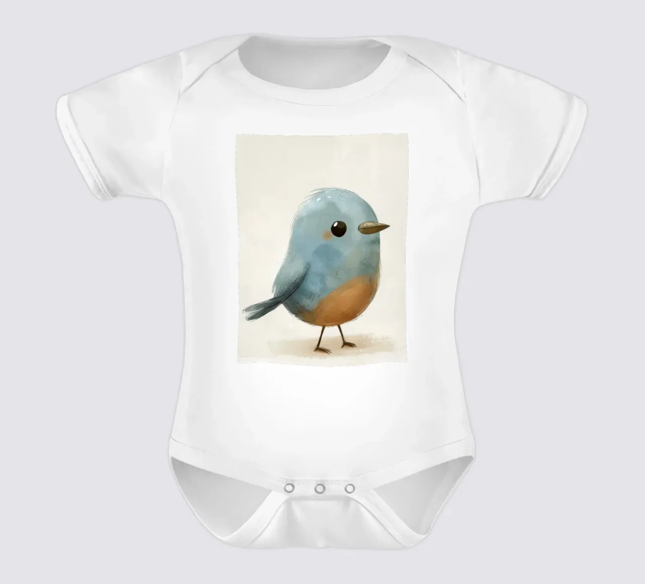 Illustration of a Small Blue Bird short-sleeve baby romper by DesignDoodle