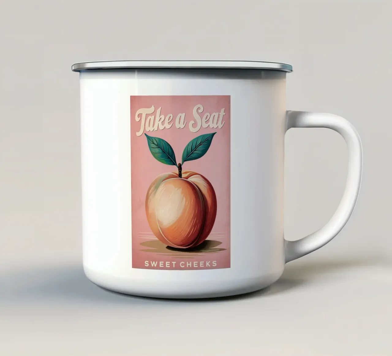 "Neem plaats, lieve wangetjes" Vintage Peach Art Print emaille mok van inspirational quote
