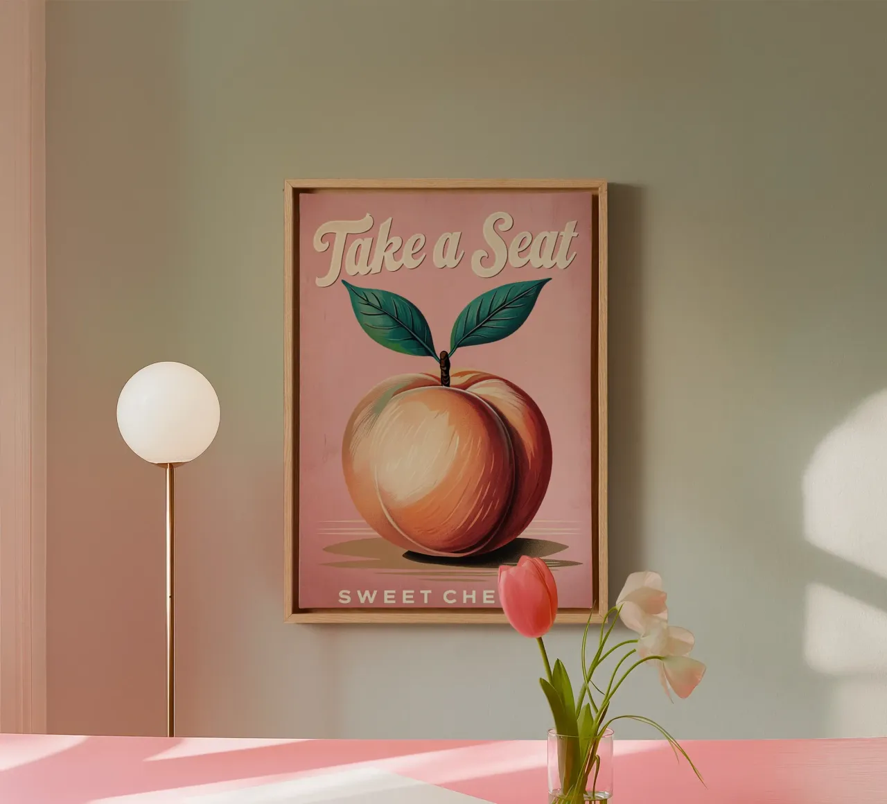 "Neem plaats, lieve wangetjes" Vintage Peach Art Print canvas met Baklijst van inspirational quote