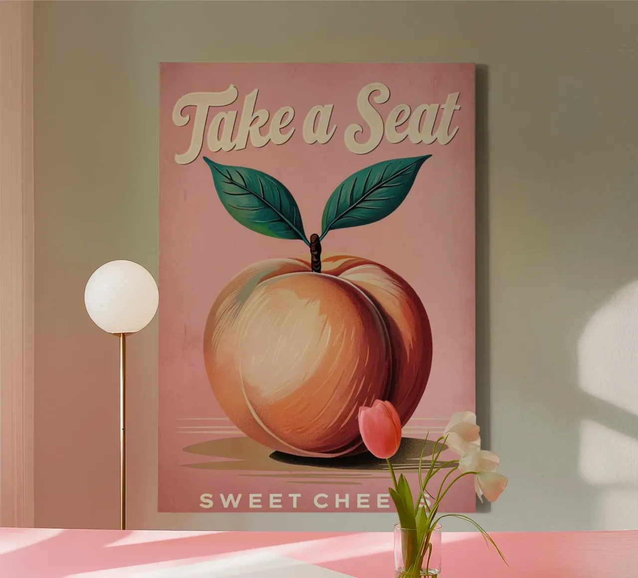 "Neem plaats, lieve wangetjes" Vintage Peach Art Print canvas met Baklijst van inspirational quote