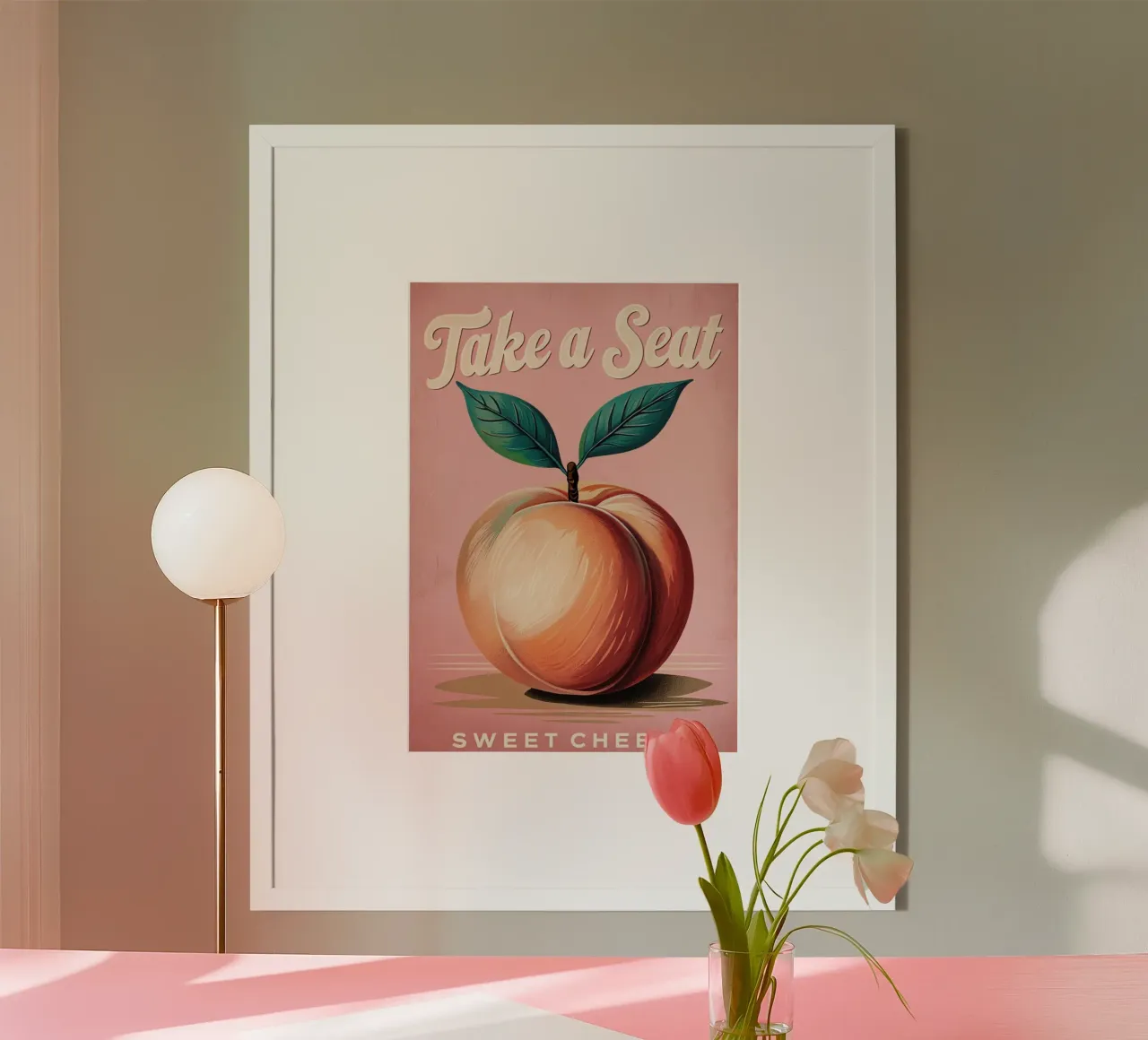 "Neem plaats, lieve wangetjes" Vintage Peach Art Print poster met aluminium frame van inspirational quote