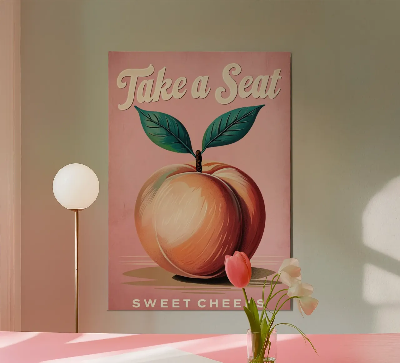 "Neem plaats, lieve wangetjes" Vintage Peach Art Print poster met aluminium frame van inspirational quote