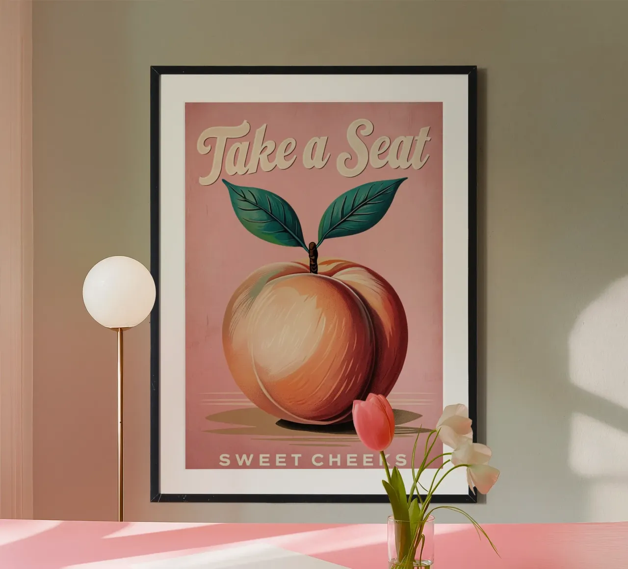 "Neem plaats, lieve wangetjes" Vintage Peach Art Print poster met aluminium frame van inspirational quote