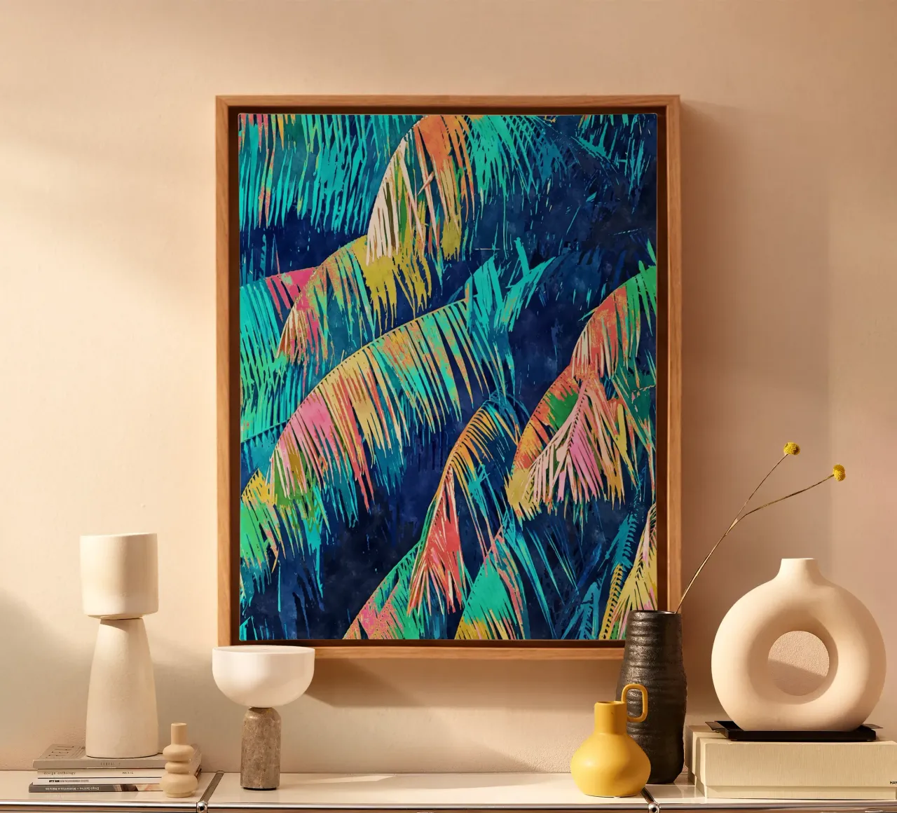 Palm Zonsondergang canvas met Baklijst van 83oranges