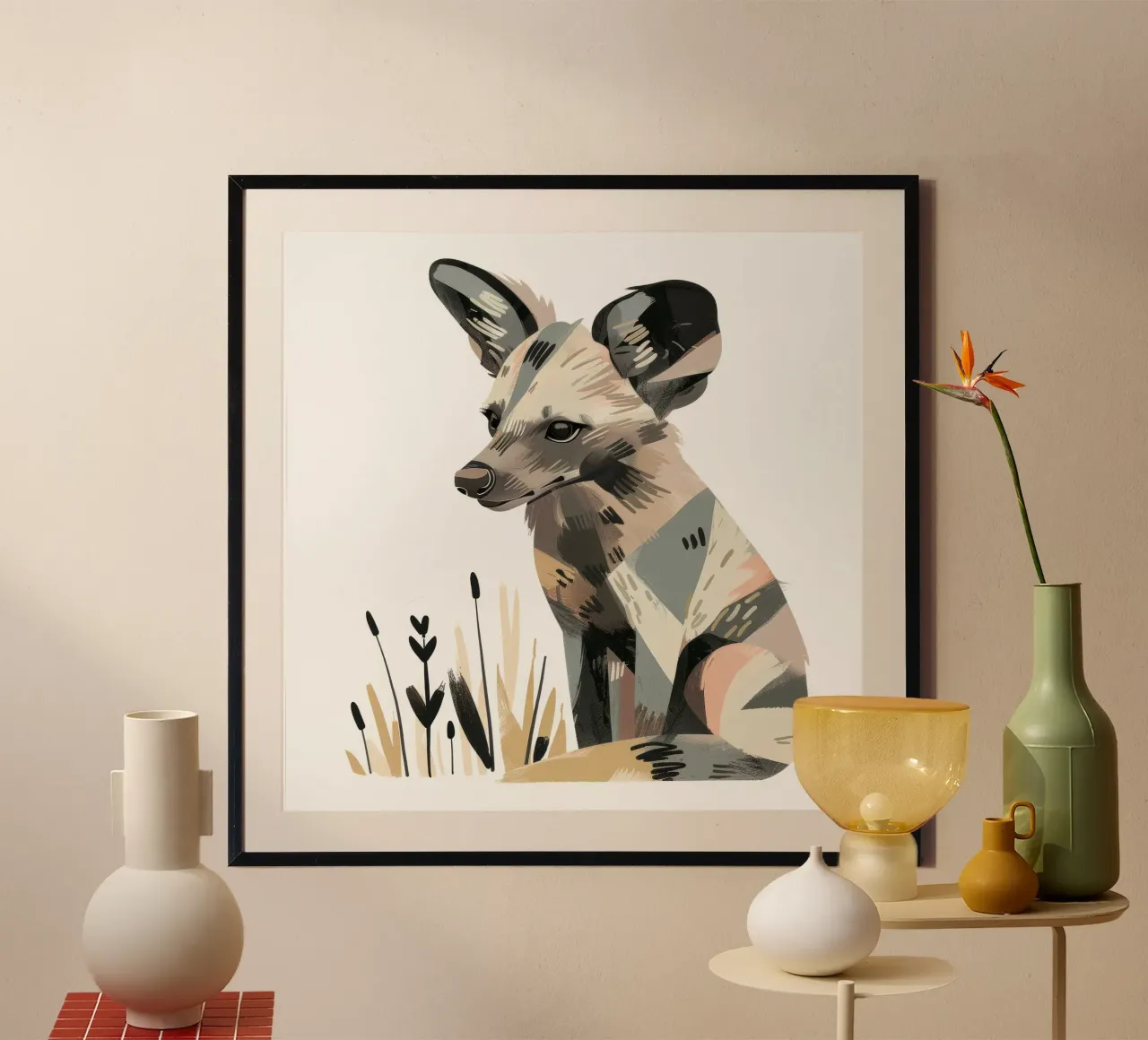 Cane della prateria nell'illustrazione di una prateria poster con telaio in legno da DesignDoodle
