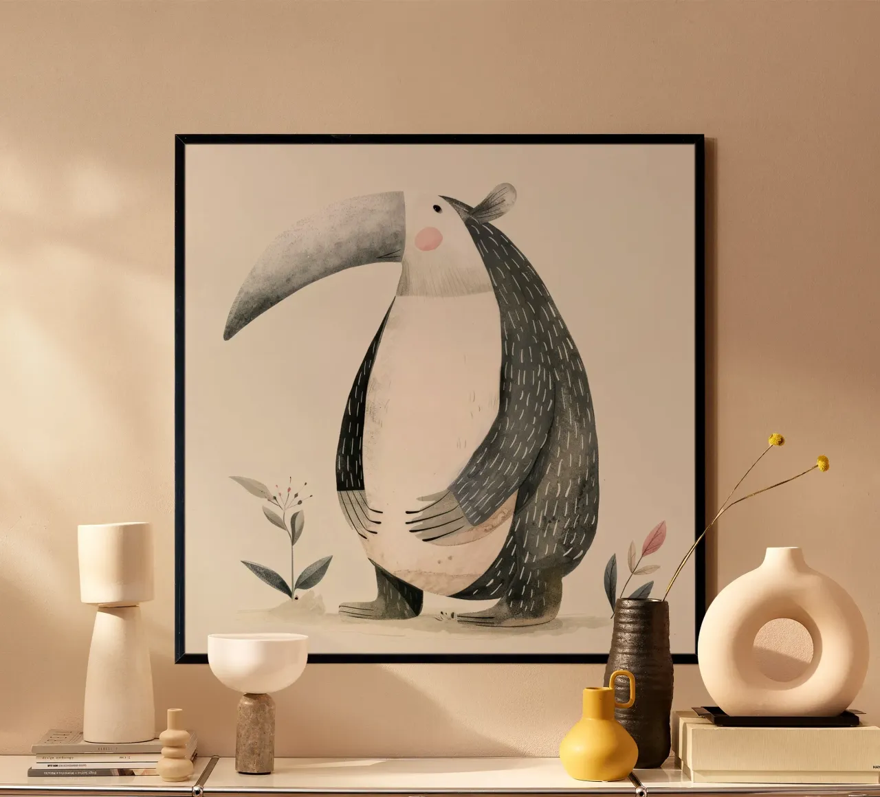 Illustrazione di formichiere stilizzato con flora poster con telaio in plastica da DesignDoodle