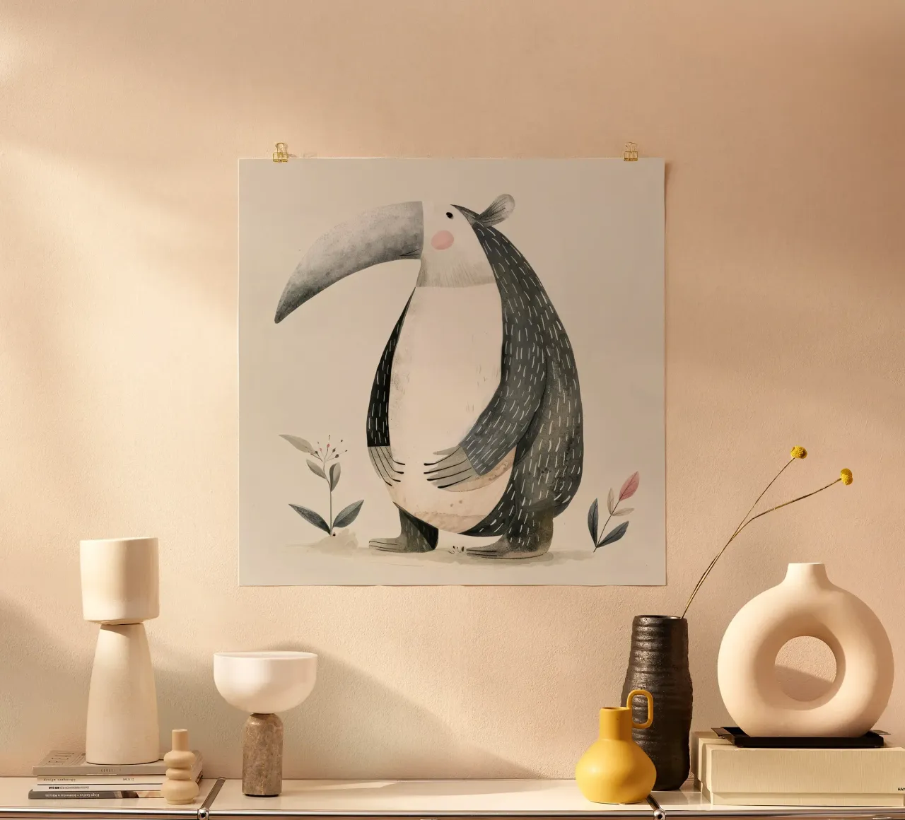Illustrazione di formichiere stilizzato con flora poster con telaio in plastica da DesignDoodle