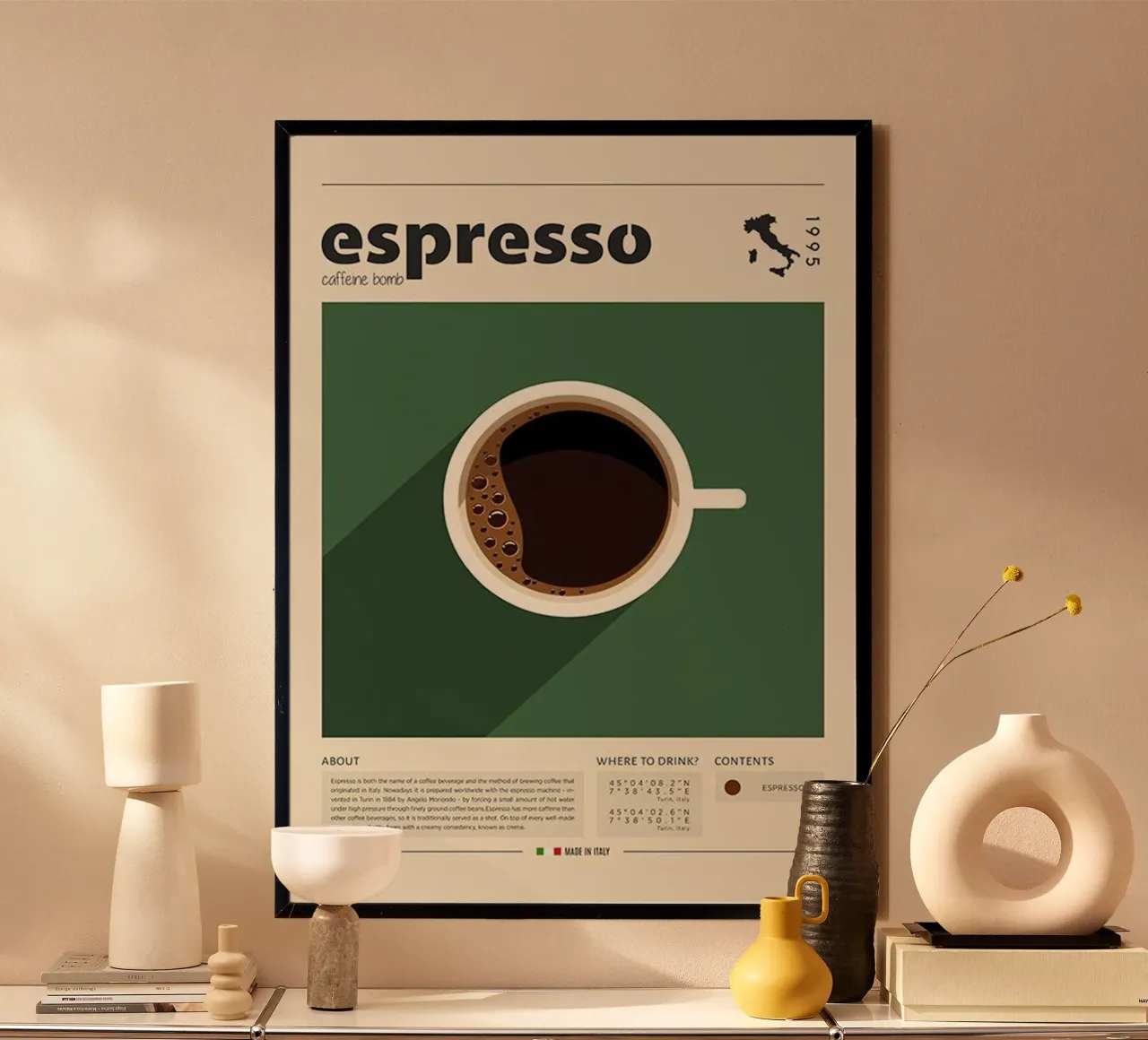 Espresso dall'Italia poster con telaio in plastica da cosmos studio