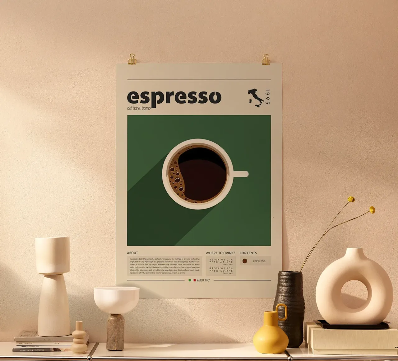 Espresso dall'Italia poster con telaio in plastica da cosmos studio