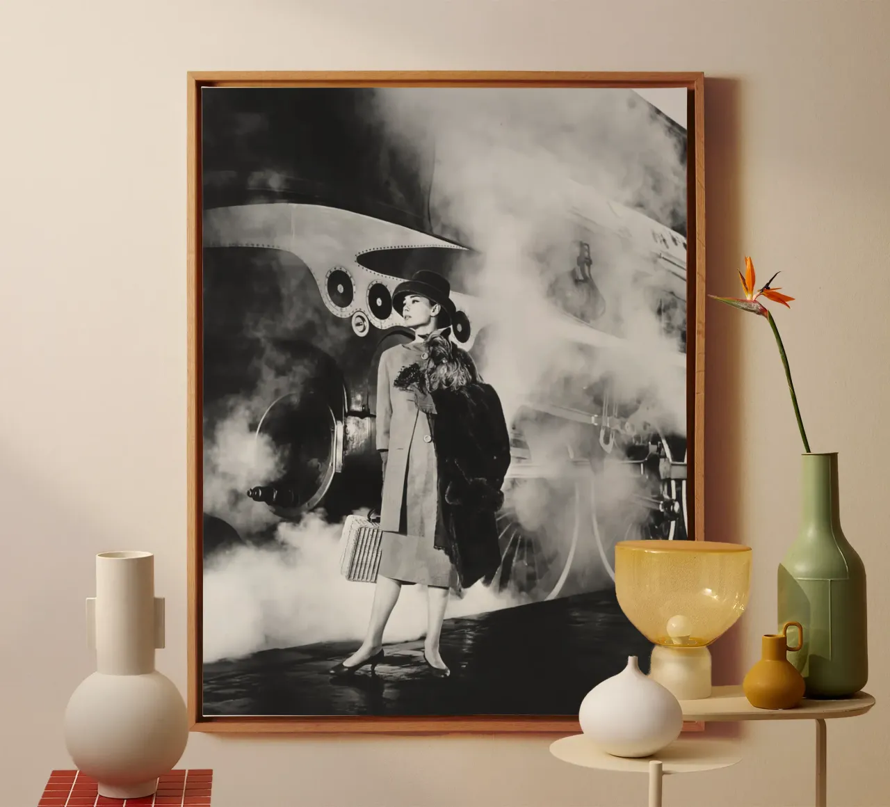 Audrey And Engine canvas with Floater frame by Lorraine Mooore