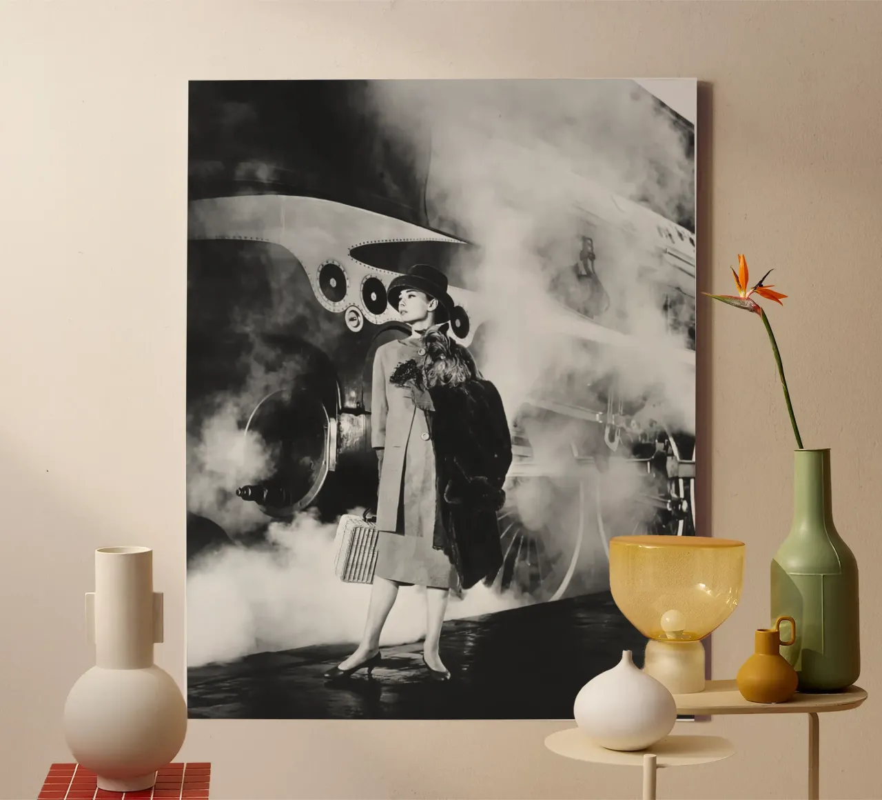 Audrey And Engine canvas with Floater frame by Lorraine Mooore