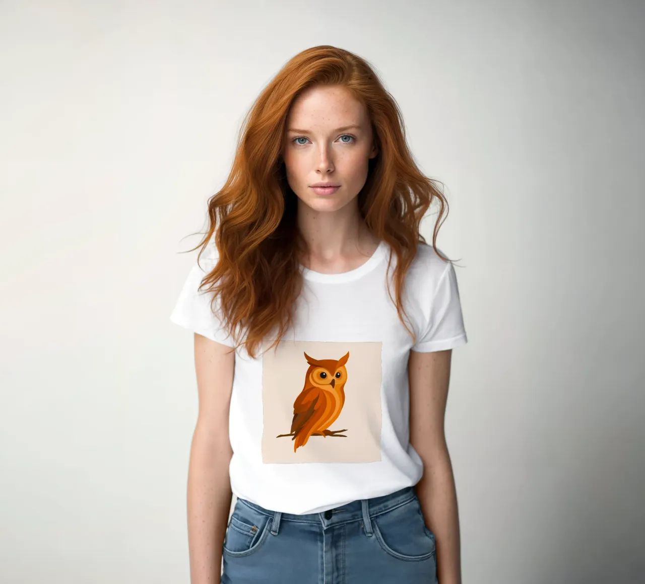 Owl in orange tones - Expressive forest bird women's fitted t-shirt by namosh