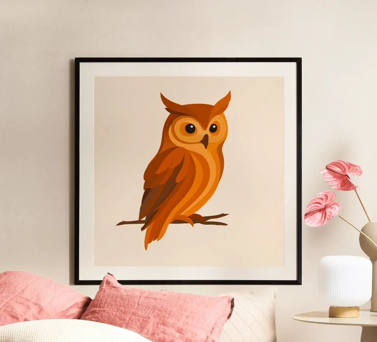 Gufo nei toni dell'arancio - Uccello espressivo della foresta poster con telaio in alluminio da namosh