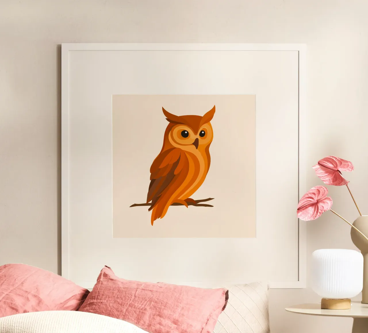 Gufo nei toni dell'arancio - Uccello espressivo della foresta poster con telaio in alluminio da namosh