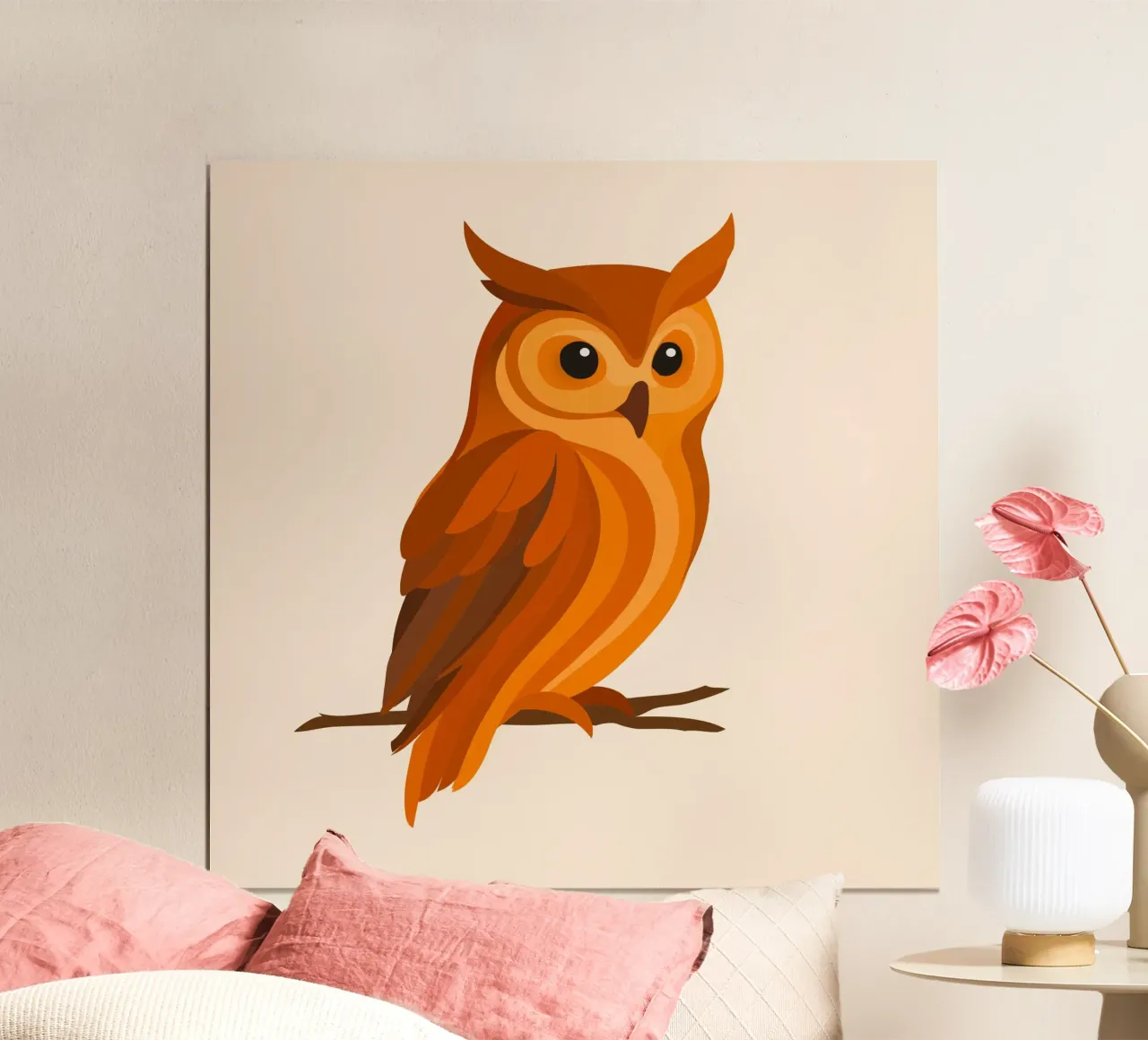 Gufo nei toni dell'arancio - Uccello espressivo della foresta poster con telaio in alluminio da namosh