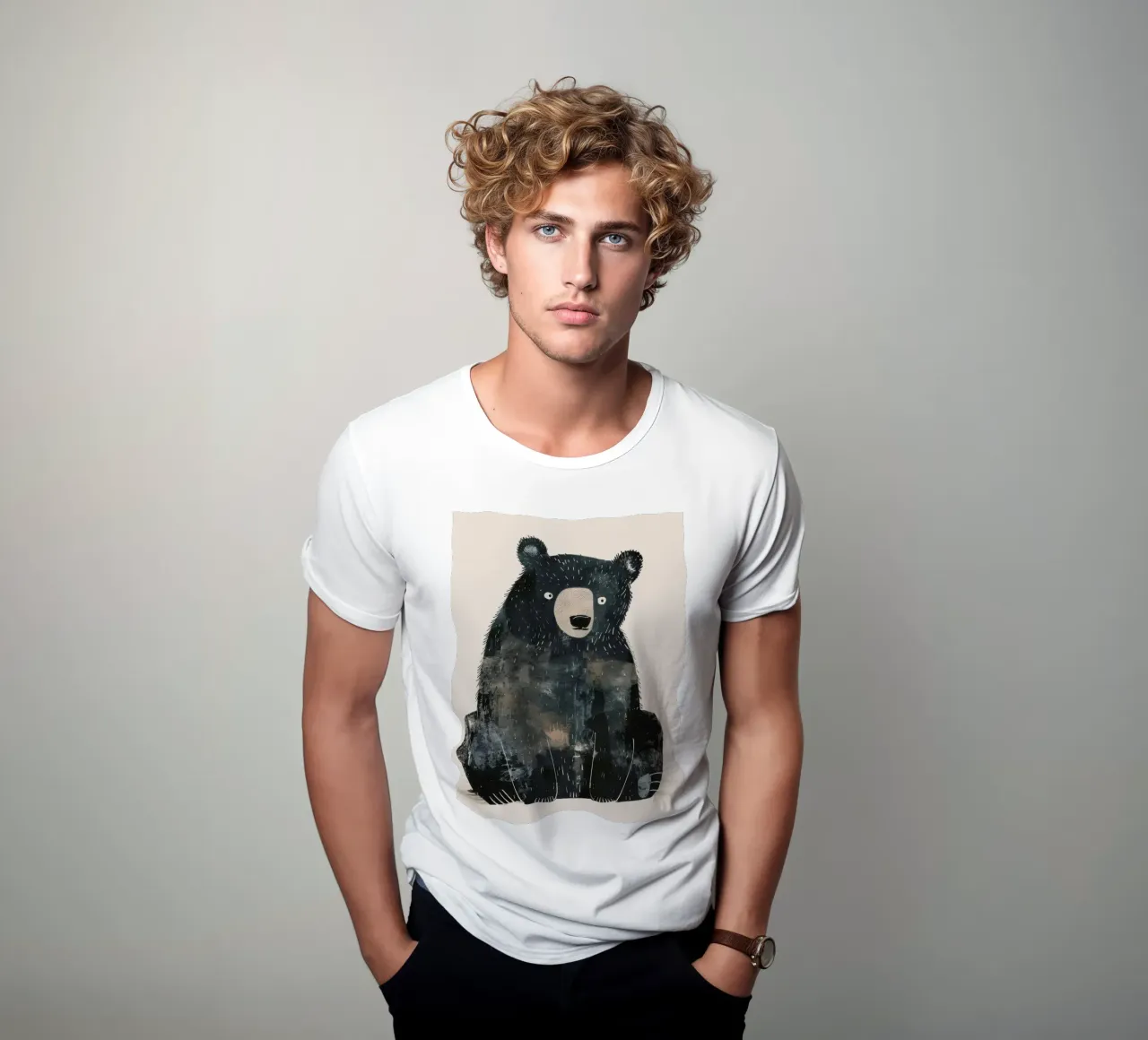 Stylized Illustration of a Black Bear waiting for food t-shirt by DesignDoodle