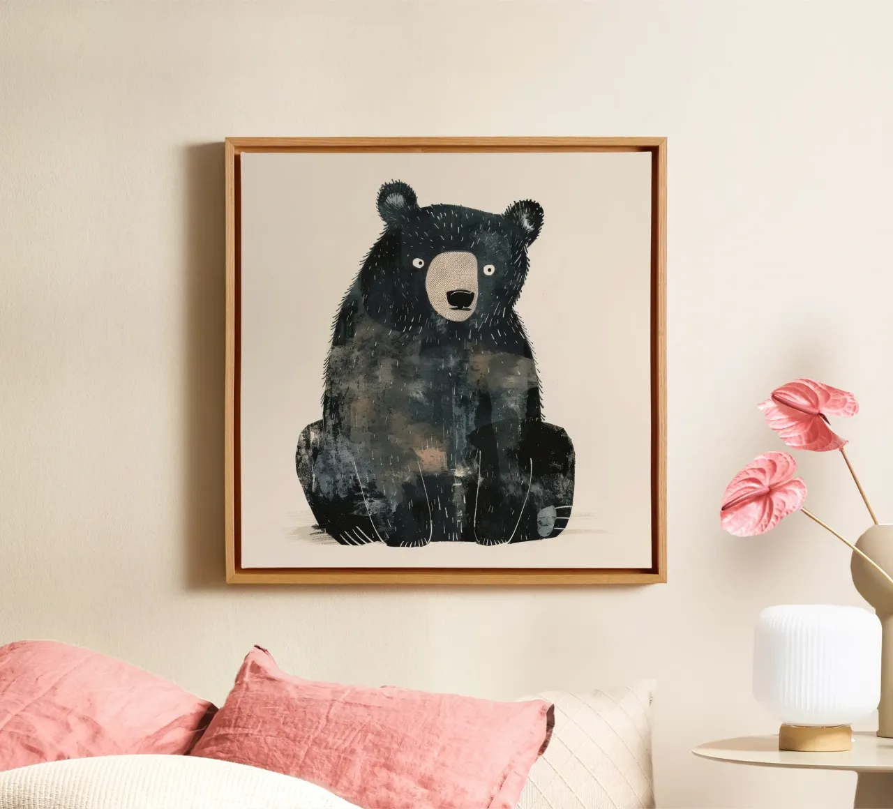 Illustrazione stilizzata di un orso nero in attesa di cibo tela con Cornice a cassetta da DesignDoodle