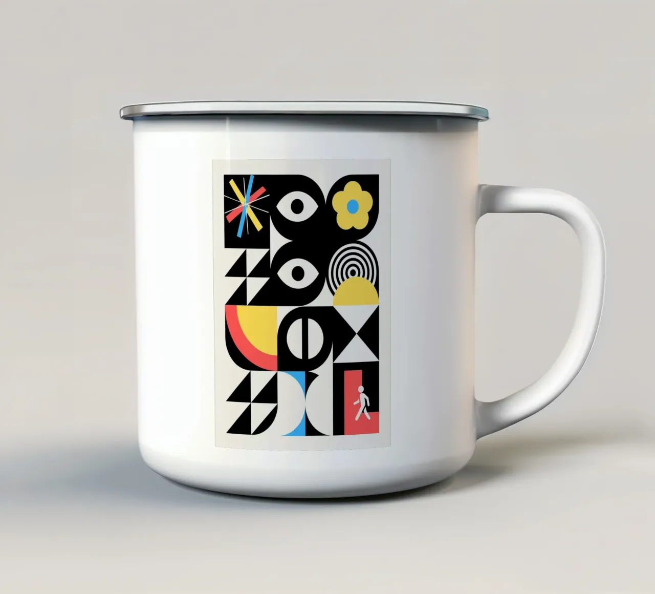 Design geometrico surreale e massimalista tazza in smalto da Little Dean